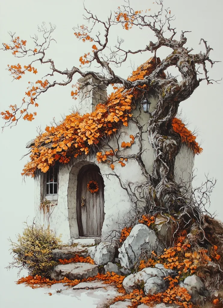 A charming white cottage with a rounded doorway and a wreath on the door is nestled beneath a large tree with bare branches and a thick trunk. The tree’s branches are covered in orange leaves, as is the roof of the cottage. The scene is surrounded by rocks and fallen leaves, and the ground is covered with a layer of dried leaves. The painting evokes a sense of quiet and solitude.