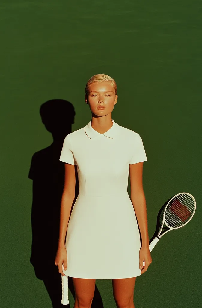 A young woman in a white tennis dress stands on a green court, holding a tennis racket. She has short, light blond hair and is looking directly at the camera with a serious expression. The setting sun casts a long shadow behind her. The image is simple yet powerful, conveying a sense of athleticism and focus.