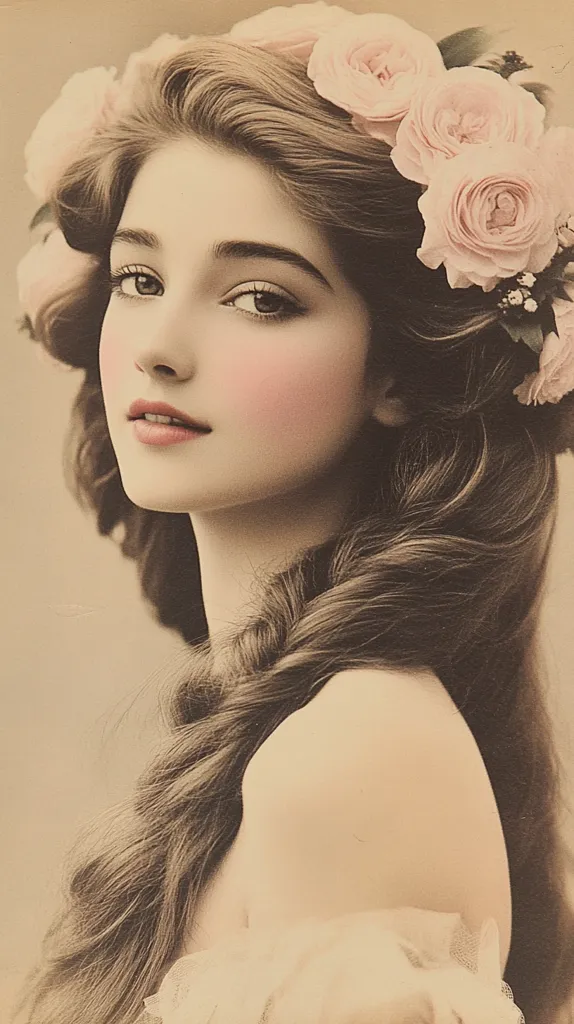 A young woman with long brown hair and a delicate floral crown stares wistfully at the viewer.  She is wearing a white dress and has a soft, ethereal beauty. The image has a vintage aesthetic, suggesting a portrait from the early 20th century.  The soft lighting and subtle focus on her features create a romantic and dreamy atmosphere.