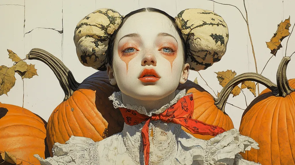 The painting features a young woman with pale skin and red lipstick. She wears a white dress with a red scarf tied around her neck. She is surrounded by pumpkins, some of which are cut in half. The background is a white wall with some brown vines and leaves. The overall style of the painting is realistic and detailed. The woman's eyes are striking, with a deep blue color and thick eyelashes. Her hair is pulled back from her face, revealing a delicate set of features. The pumpkins are large and orange, adding a splash of color to the composition.  The painting evokes a sense of beauty and mystery, capturing the essence of fall.