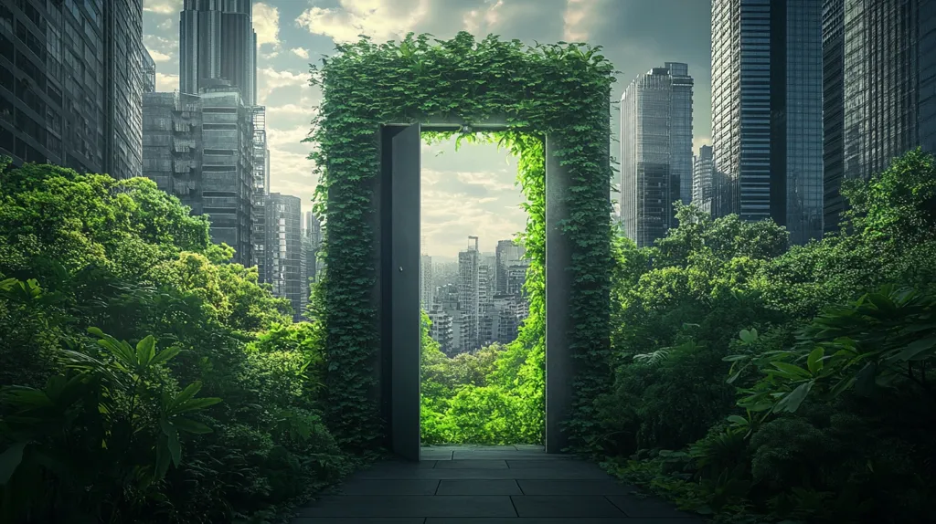 A lush green doorway, formed by vines, stands in the middle of a city. The doorway leads to a view of a cityscape with lush greenery. The image juxtaposes nature and urban landscapes, creating a surreal and calming atmosphere. The greenery suggests a sense of growth and restoration amidst the city.