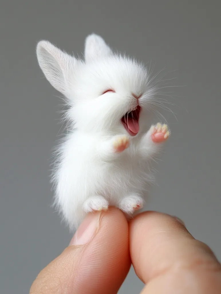 A tiny, white rabbit with pink paws sits on a person's finger. The rabbit has its mouth open in a wide yawn, its eyes closed, and its ears perked up. The rabbit's fur is incredibly soft and fluffy, and the image captures its cute and playful nature. The background is a simple gray, allowing the rabbit to stand out as the center of attention.