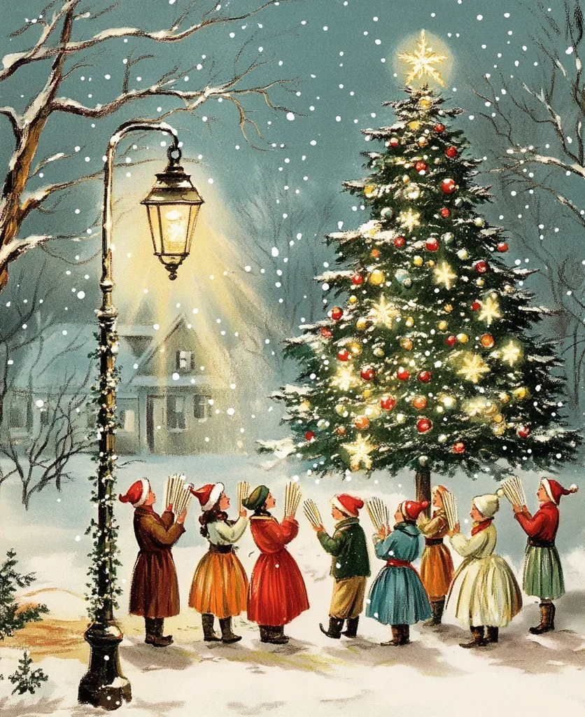 A group of children sing carols around a large, beautifully decorated Christmas tree. Snow falls gently as a street lamp illuminates the scene. The children are dressed in warm winter clothes and hold songbooks.  The festive spirit of the season is evident in the joyful expressions on their faces.