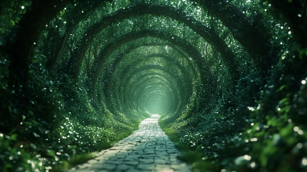 A winding path leads through a tunnel of lush green trees, forming a mesmerizing archway. Sunlight filters through the leaves, casting dappled shadows on the stone path. The scene evokes a sense of mystery and wonder, inviting the viewer to explore what lies beyond.  The vibrant green foliage creates a tranquil and enchanting atmosphere.