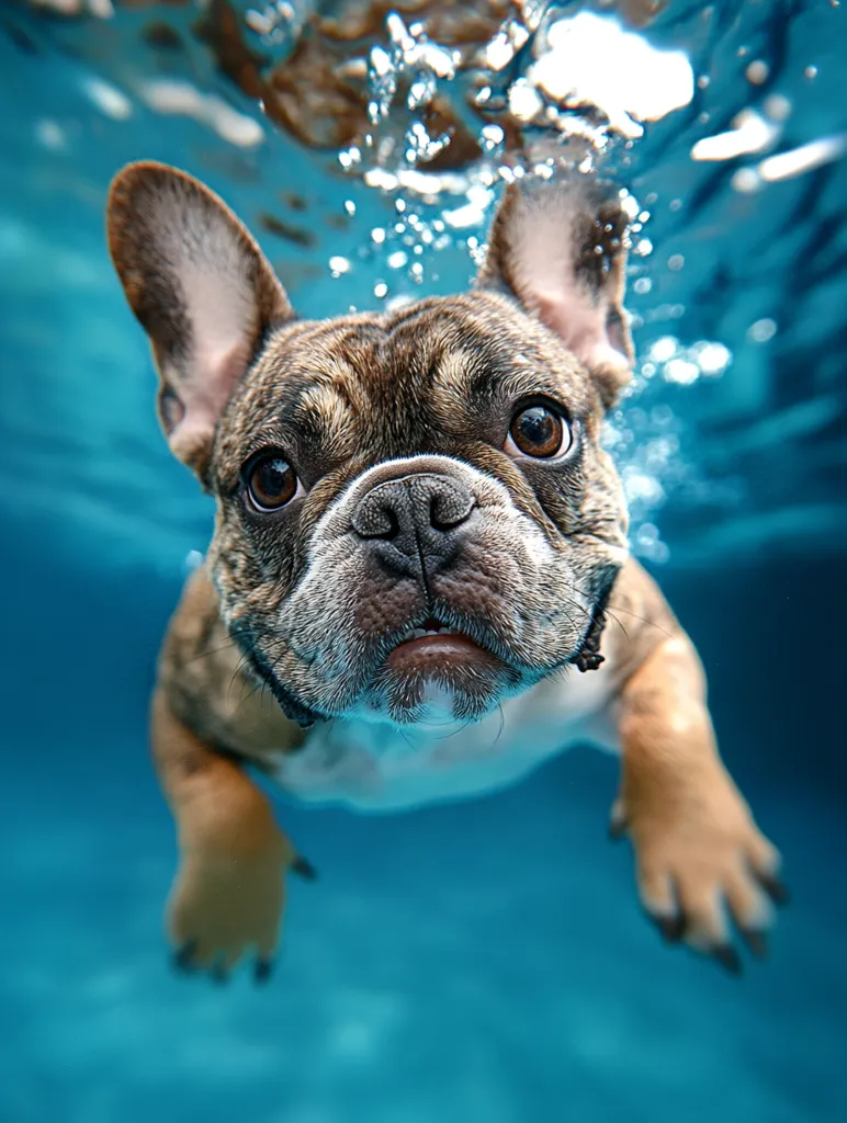 A French Bulldog is swimming underwater.  The dog is facing the camera with its head and front paws above the water.  The dog's brown and white fur is visible, and the blue water is out of focus in the background.  The dog's eyes are open and staring at the camera. The dog's mouth is closed, and it appears to be swimming calmly.  Bubbles are present in the water, suggesting the dog has just come up for air.  The photo has a shallow depth of field, highlighting the dog's face.  The image creates a fun and playful mood.