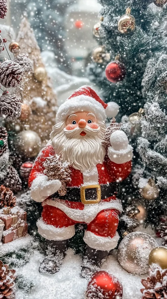A Santa Claus figurine stands in a snowy winter scene. The figurine is dressed in a red suit with a white trim and a white beard. He is holding a pine cone in his right hand and is surrounded by Christmas trees, ornaments, and snow. The image is a festive and cheerful representation of the holiday season.
