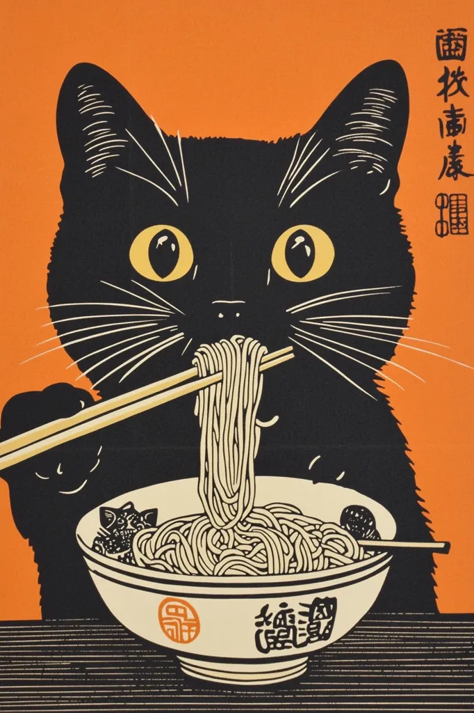 A black cat with large, yellow eyes is eating noodles with chopsticks from a bowl. The cat is depicted in a cartoonish style, with exaggerated features and a playful expression. The background is a bright orange, and the bowl is white with black lettering. The image is a whimsical take on a traditional Japanese motif.