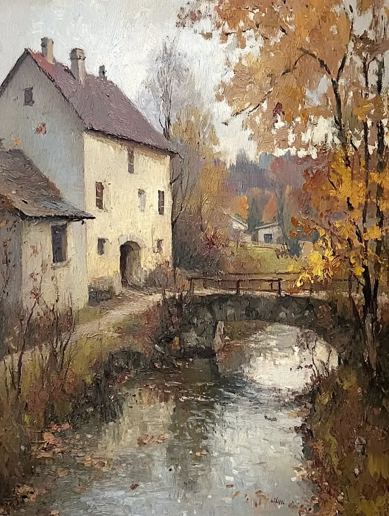 A quaint village scene with a small stone bridge crossing a winding river. The bridge is situated in the foreground, leading to a pale yellow house with a brown roof, while a smaller house is partially visible on the left. Lush green trees and golden autumn leaves adorn the surroundings, creating a picturesque rural landscape. The painting captures a tranquil moment in nature, with the soft light casting a warm glow over the scene.