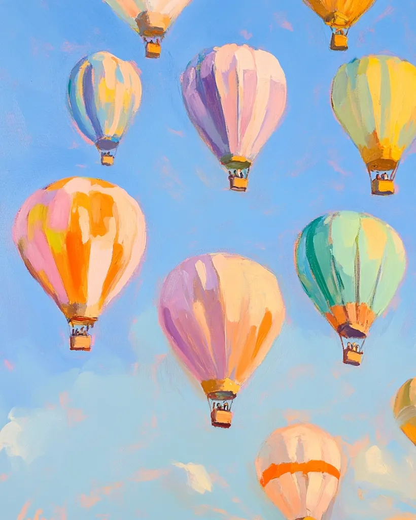 A colorful painting of hot air balloons floating in a bright blue sky. The balloons are various shapes and sizes, with some being striped or checkered, and some having baskets attached. There are clouds in the background and the overall image is filled with a feeling of peace and joy.