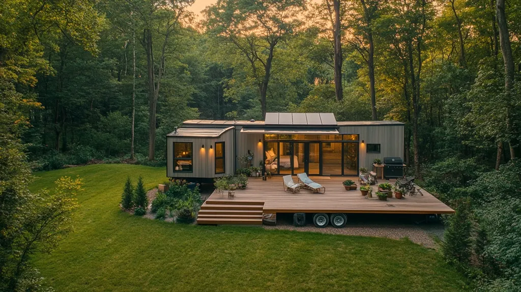 A modern, small, gray cabin sits in a clearing in the woods. The cabin has a large deck and is surrounded by green grass and lush foliage. The windows are lit, indicating the cabin is occupied. The dense woods provide a sense of privacy and seclusion.  The scene is calm and peaceful, suggesting a tranquil escape from the hustle and bustle of everyday life.