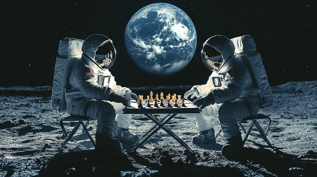 Two astronauts in spacesuits sit on folding chairs on the moon, playing a game of chess on a small table. The Earth is visible in the background, a large blue and white sphere against the backdrop of a starry night sky. The scene is surreal and humorous, suggesting a sense of isolation and the strangeness of being in space.