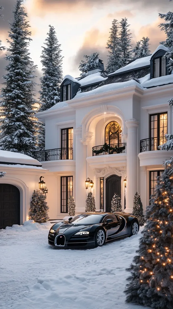 A luxurious white mansion with a grand entrance stands amidst a snowy landscape. Snow-covered pine trees surround the property, adding a touch of winter charm. A sleek black sports car sits parked in the driveway, adding a touch of opulence to the scene. The house is adorned with warm, inviting lights, creating a festive atmosphere. The image exudes an air of wealth, elegance, and tranquility.