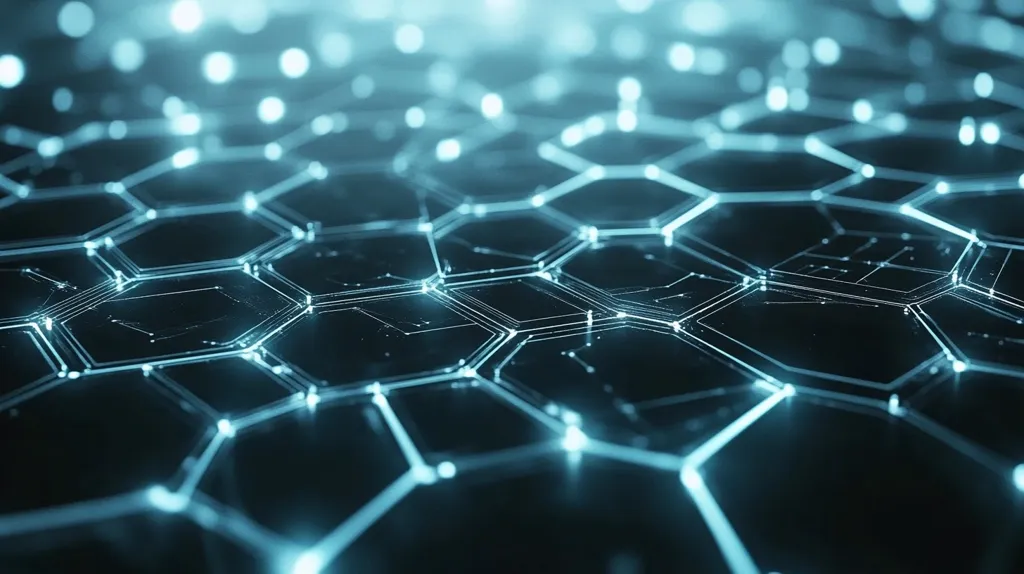 The image shows a close-up of a futuristic, abstract design. It features a honeycomb pattern composed of glowing blue lines and nodes, creating a sense of interconnectedness and technological advancement. The dark background emphasizes the luminescent blue accents, creating a captivating contrast. The image suggests themes of innovation, digital networks, and the boundless possibilities of technology.