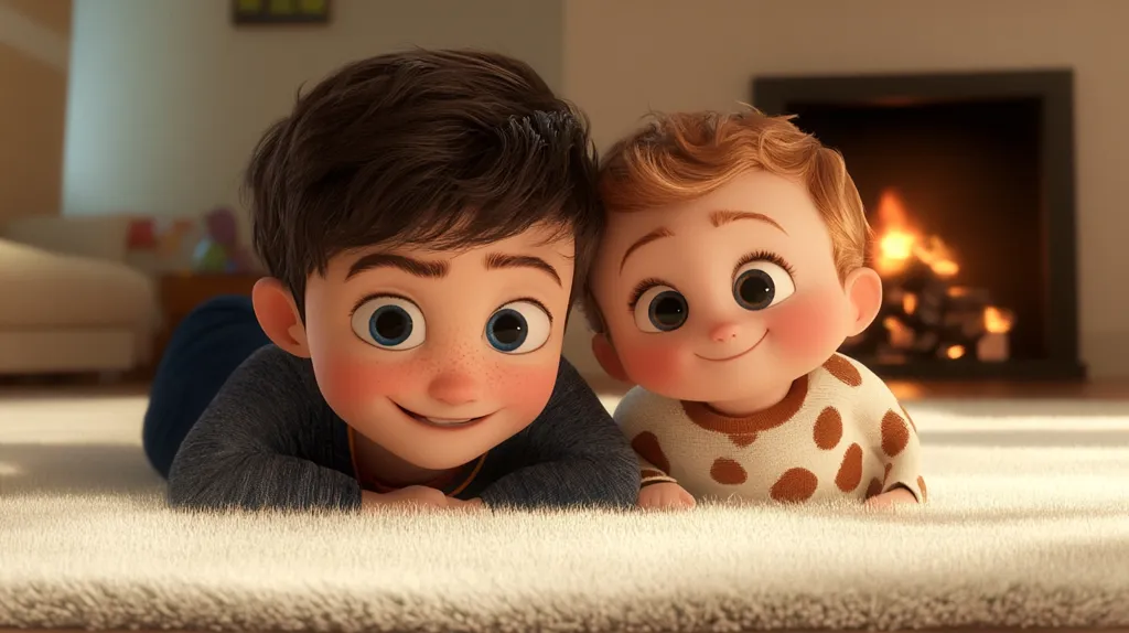 Two animated children, a boy and a girl, are lying on a fluffy white carpet. The boy is wearing a blue shirt, and the girl is wearing a brown and white polka dot shirt. Both children are smiling and have large, blue eyes. Behind them is a fireplace with a glowing fire. The scene is warm and inviting, suggesting a cozy and comfortable setting.