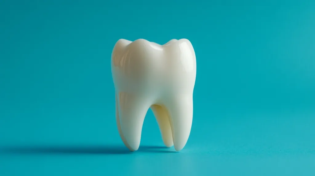 A single, white, plastic tooth sits on a bright turquoise background. The tooth is a model of a molar and is facing the viewer, with its roots visible. The smooth surface of the tooth is shiny and the color is a bright, almost off-white.  The background is a solid, flat color.