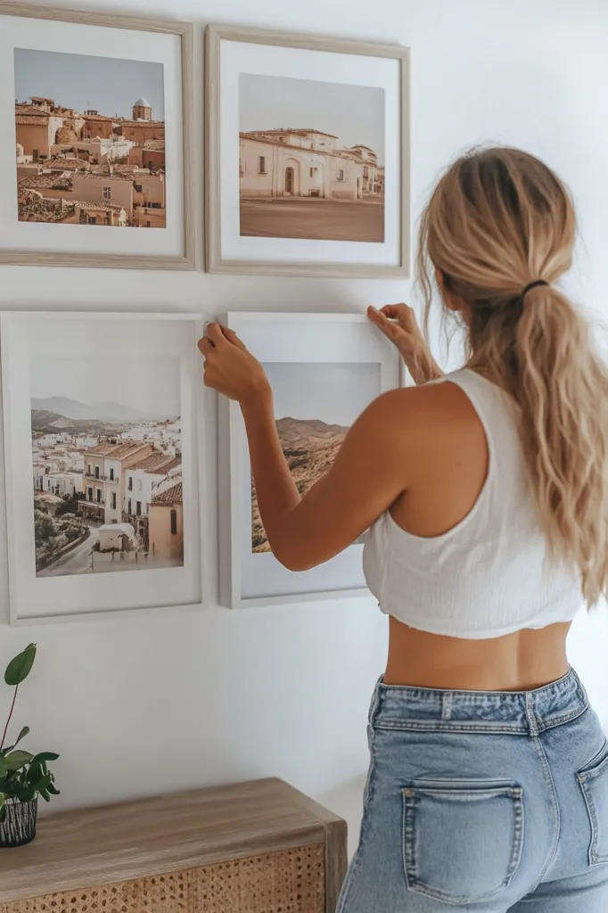 A woman with long blonde hair is hanging up a framed print on a white wall. She is wearing a white tank top and blue jeans. She is standing in front of a wooden cabinet. There are three other framed prints on the wall, all depicting images of buildings.