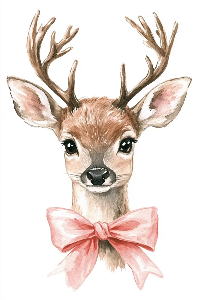 The watercolor painting features a fawn with large, dark eyes and a pink bow tied around its neck. The fawn's antlers are prominent, and its soft brown fur is depicted in detail. The background is a simple white, making the fawn the focal point of the image. The painting has a delicate and whimsical style, conveying a sense of innocence and charm.