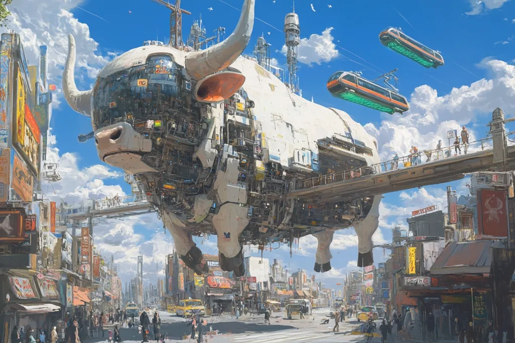 A giant, mechanical bull hovers over a futuristic city, its white body resembling a building with intricate details. The bull is suspended by unseen forces, its legs dangling towards the ground.  Below, a bustling street with people walking and shops lining the sides suggests a vibrant urban life. Two futuristic trains are seen in the sky, adding to the surreal and technologically advanced setting.