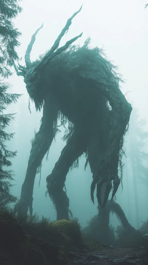 A monstrous creature, made of bark and branches, emerges from the foggy depths of the forest. Its long, gnarled limbs are obscured by mist, giving it a sinister and imposing presence. The creature's form is indistinct, leaving its true nature to the viewer's imagination.  The scene is eerie and unsettling, hinting at the unknown dangers that lurk within the shadowy woods.