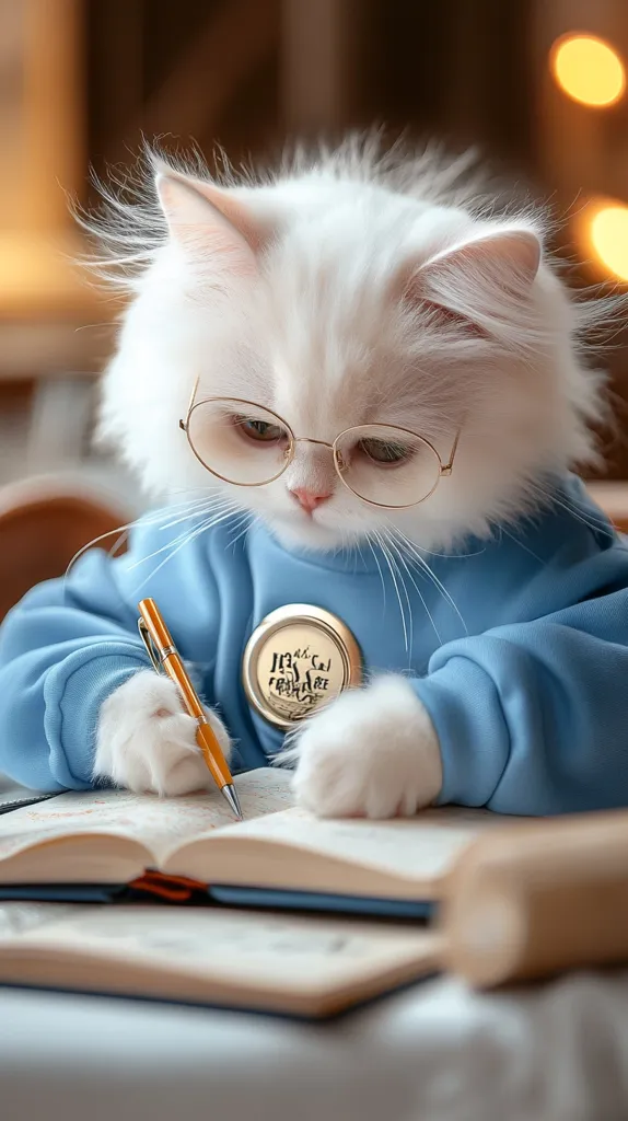 A fluffy white cat wearing round glasses and a blue sweater is sitting at a desk, intently writing in a notebook with a yellow pen. The cat has a serious expression on its face and is clearly focused on its task. A gold button with writing is visible on the sweater.  The image is set against a blurred background of a wooden surface and bokeh lights. The cat's focus and the cozy setting create a whimsical and endearing scene.