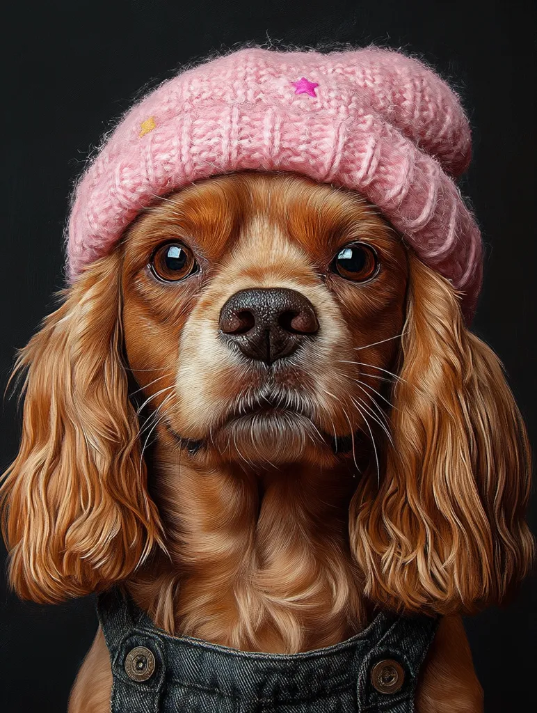 A brown and white cocker spaniel with long, flowing fur wears a pink knitted hat with a pink star on top and a blue denim overall. The dog looks directly at the camera with a serious expression. The background is a dark, solid color. The image is well-lit and shows the dog's features in detail. The dog appears to be wearing a fashionable outfit. The dog's expression is curious and alert.  The overall image is playful and heartwarming.
