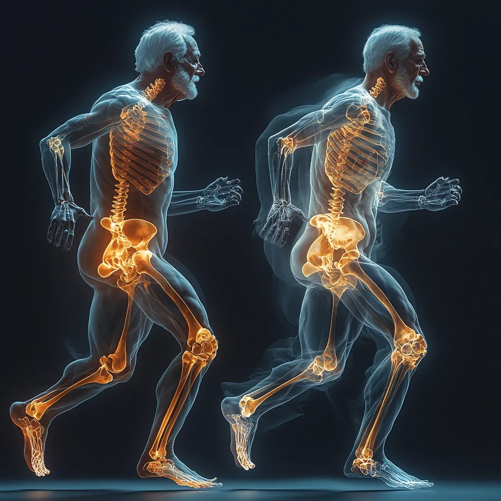 The image depicts two older men running, their bodies transparent and their bones highlighted in a bright orange color. The men are in a forward-leaning posture, with their arms extended and their legs moving in a running motion. The background is dark and blurred, providing a dramatic backdrop for the skeletal figures. The image suggests a focus on the resilience and strength of the human body, even in later years.