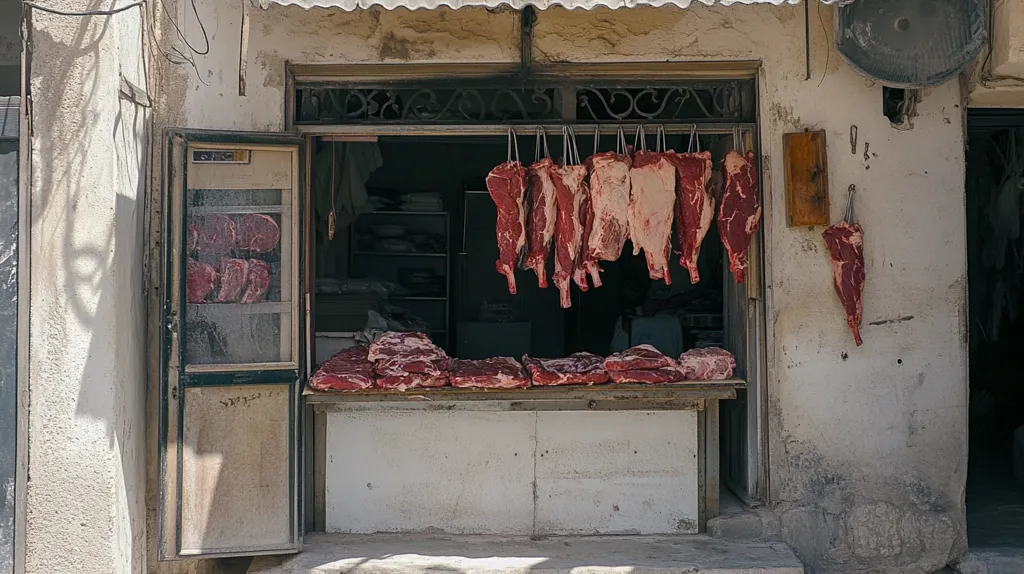The image shows the exterior of a butcher shop with a large window displaying rows of fresh, raw meat. The meat hangs from hooks, some are neatly stacked on a shelf. The building is old and worn, with peeling paint and a large metal door.  The photo captures the essence of a traditional butcher shop.