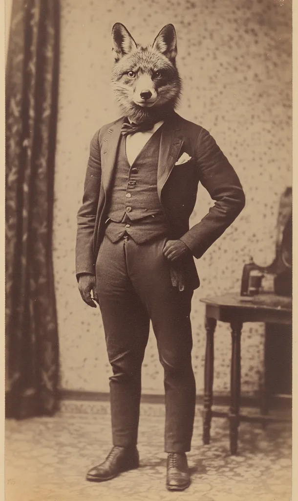 The image is a sepia-toned photograph of a fox dressed in a suit and tie. He is standing with one hand in his pocket and the other by his side, looking directly at the camera. He appears to be in a formal setting, possibly a studio. The background is out of focus, but a table and a mirror can be seen behind him. The fox's expression is serious, and he is holding himself in a dignified manner, suggesting he is a gentleman.