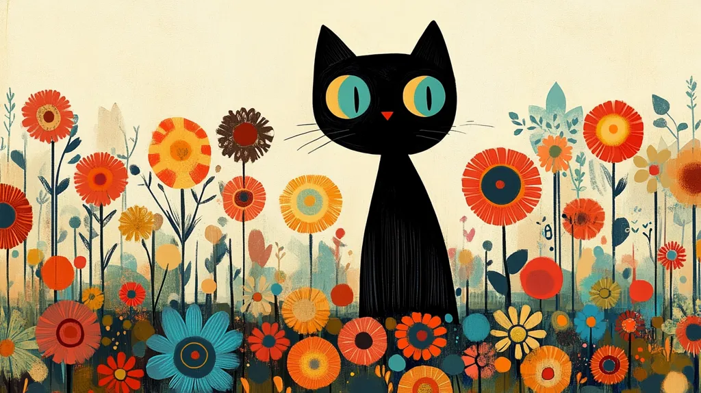 A black cat with large, blue eyes stands in a field of colorful flowers. The flowers are stylized and have a retro feel. The cat is looking to the left and has a curious expression. The background is a pale yellow, making the colors of the flowers and the cat pop. The image has a whimsical and cheerful atmosphere.