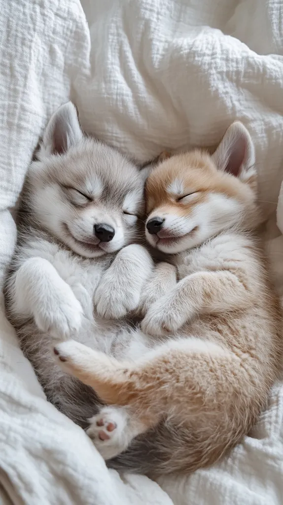 Two puppies, one grey and one brown, are snuggled up together on a white blanket. The grey puppy is on top of the brown puppy, and they are both sleeping soundly. The image is soft and sweet, and it captures the innocence and pureness of puppyhood.