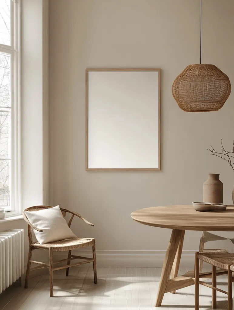 A minimalist dining room with a large, oval wooden table and two woven chairs. A large, empty picture frame hangs on the wall above the table. A woven light fixture hangs above the table. There is a window to the left of the image and a vase with branches on the table.  The room has a light, airy feel, with a neutral color palette.
