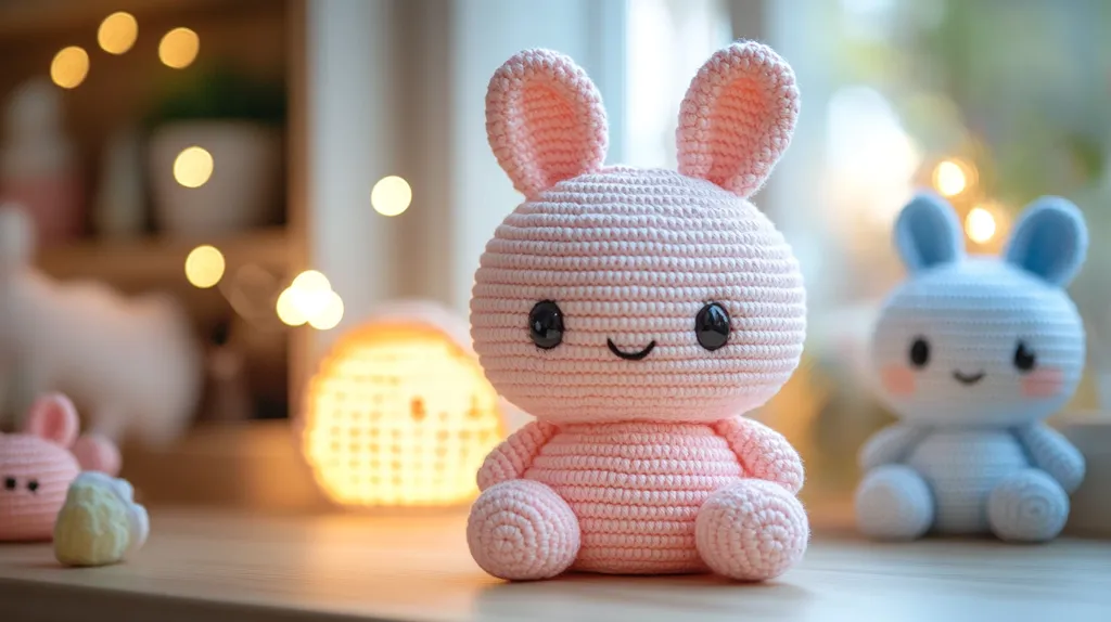 A pink crocheted bunny sits on a wooden table, with a blue crocheted bunny behind it. The pink bunny has a happy smile and big, black eyes. The blue bunny has a light pink blush on its cheeks. The background is a blurred image of a shelf with string lights and a white stuffed animal.  A warm light casts a glow on the table.  The image evokes feelings of comfort and warmth.