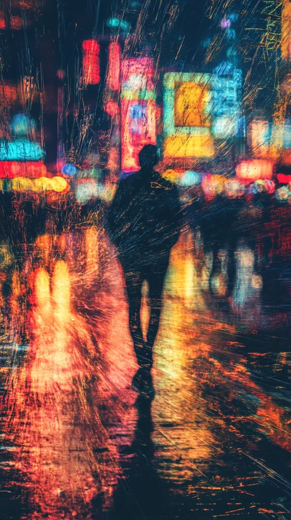 The image is a blurry, abstract depiction of a person walking through a city street at night. Bright, colorful lights from signs and storefronts illuminate the scene, creating a sense of motion and energy. The figure is silhouetted against the dazzling lights, adding a mysterious and introspective element to the composition. The overall effect is dreamlike and evocative, emphasizing the dynamic nature of city life.