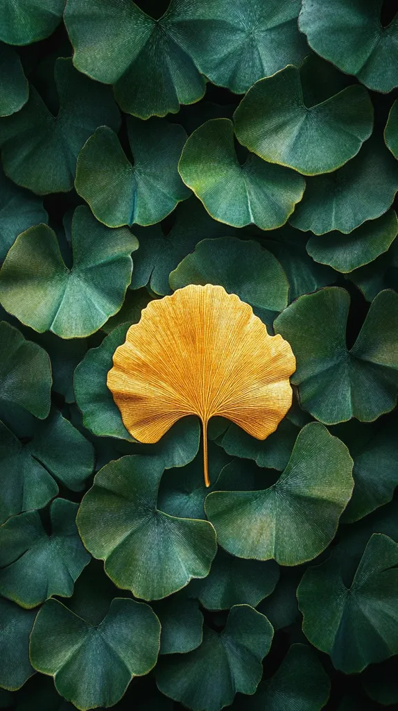 A single golden ginkgo leaf sits among a bed of deep green ginkgo leaves. The golden leaf has intricate veins and a fan-like shape. The image is a study in contrasts, with the bright gold standing out against the dark green background. The texture of the leaves is visible, creating a sense of depth and dimension. The overall composition is symmetrical and balanced, with the golden leaf positioned in the center.