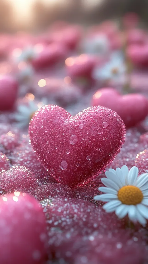 The image shows a close-up of a pink heart-shaped object covered in tiny water droplets, surrounded by other blurry pink hearts and a single white daisy. The image is soft and romantic, suggesting love and affection. The blurry background creates a dreamy atmosphere.  The overall effect is one of tenderness and beauty.