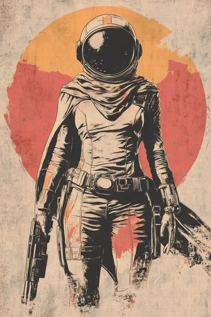 A woman in a spacesuit and a long coat stands in front of a large red and orange circle. The woman is holding a weapon in her right hand, and her left hand is on the hip. The image is drawn in a sketchy style, with a lot of texture and detail. The background is a faded cream color.  The woman has a determined look on her face. She is a warrior.