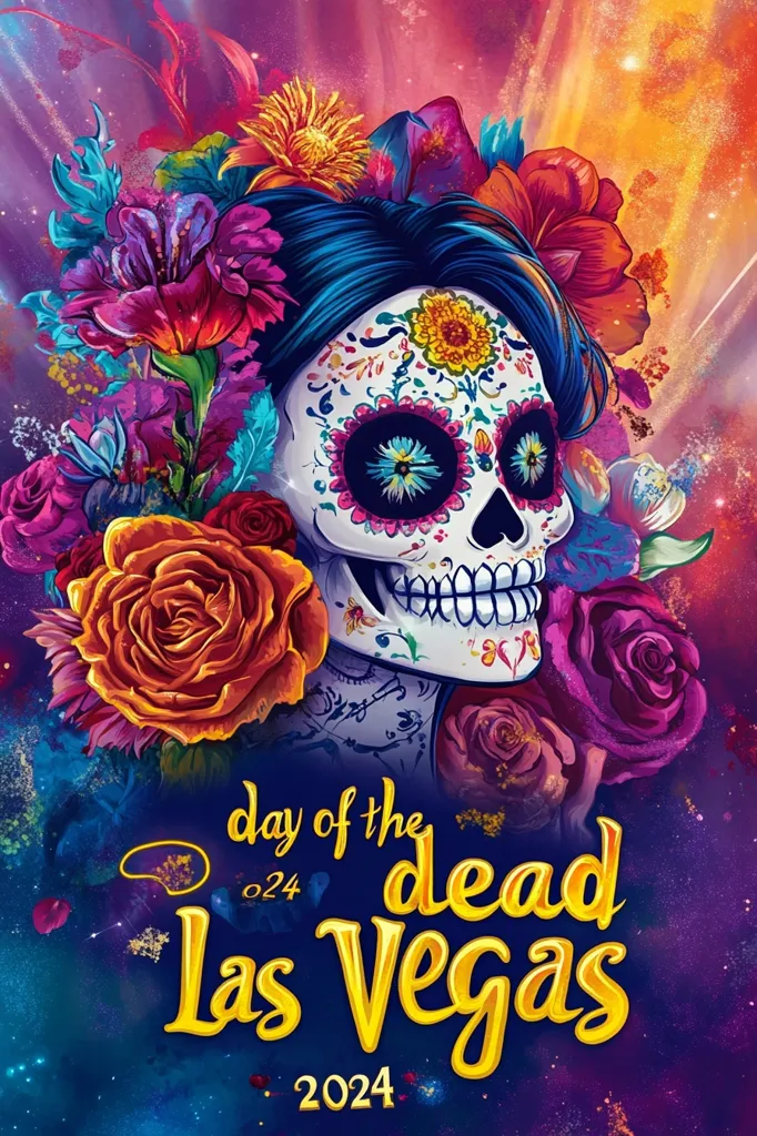 The image is a poster for the Day of the Dead celebration in Las Vegas. It features a Sugar Skull adorned with colorful flowers, with a starry background and the text "Day of the Dead Las Vegas 2024". The vibrant colors and intricate designs capture the spirit of the holiday.