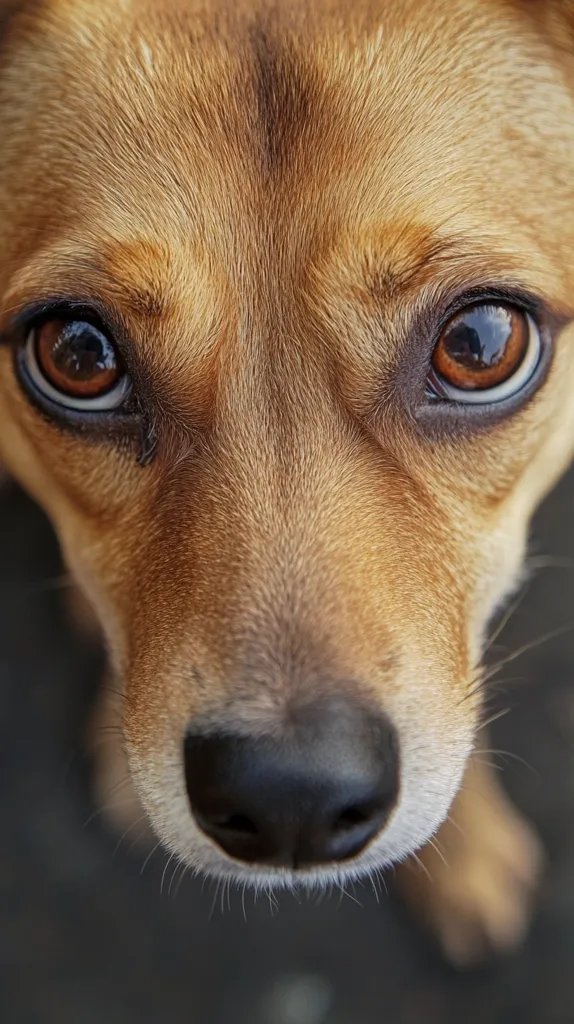 A close-up of a brown dog's face, looking directly at the camera. The dog has large, dark eyes and a wet, black nose. Its fur is soft and fluffy, and its whiskers are visible around its mouth. The background is blurred, creating a shallow depth of field that focuses attention on the dog's face. The image captures the dog's inquisitive and curious expression, suggesting a playful and affectionate personality.