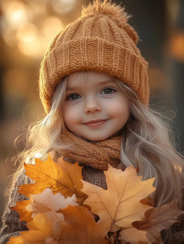 A young girl with long blonde hair is wearing a brown knitted hat and scarf, holding a bouquet of autumn leaves. Her warm brown eyes and gentle smile convey a sense of innocence and joy. The soft lighting and warm colors of the image evoke a feeling of coziness and tranquility.  The leaves and clothing create a harmonious blend of autumn colors, capturing the beauty of the season.