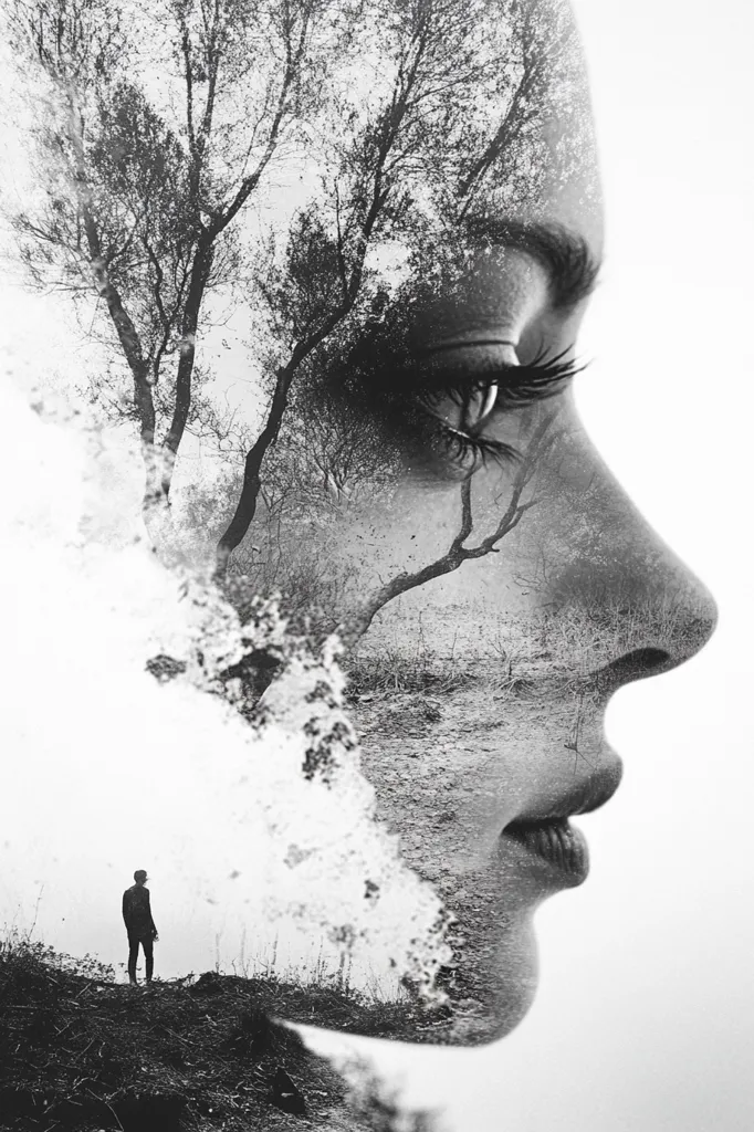 A black and white double exposure photograph of a woman's face. The woman's profile is partially obscured by a tree with branches that create a forest scene. A solitary figure stands in the distance. The image evokes a sense of solitude and introspection.