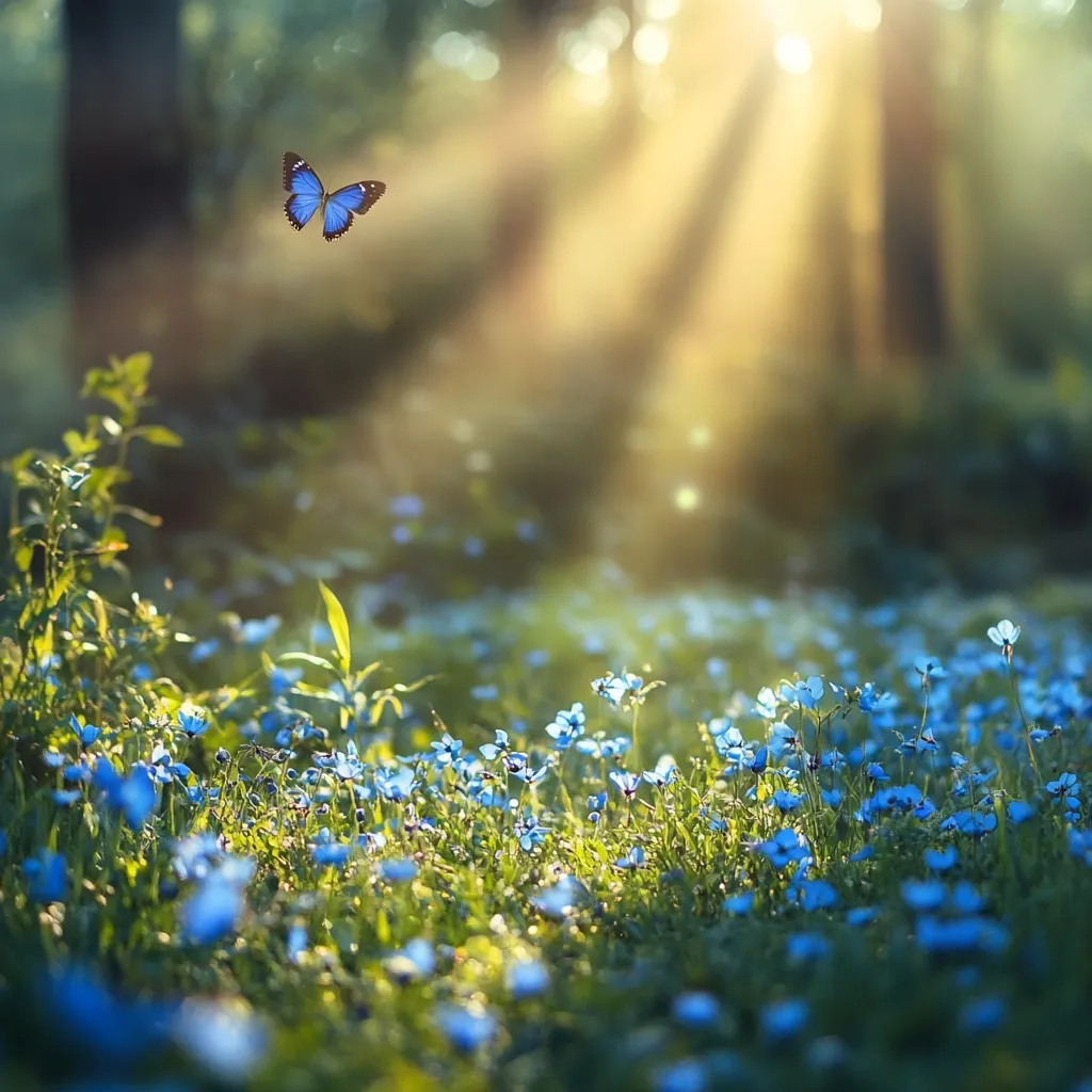 A single blue butterfly flies through a sun-drenched forest, its wings catching the golden light. The forest floor is carpeted with delicate blue wildflowers, adding to the magical atmosphere of the scene. The image evokes a sense of peace and tranquility, as if the butterfly is soaring through a secret, hidden paradise.