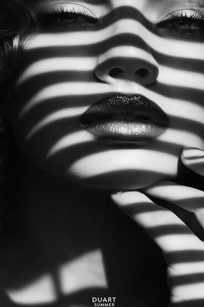 The image shows a close-up of a woman's face in black and white. Her lips are full and dark, with a glossy sheen, and her eyes are closed.  The light is creating stripes across her face, adding a dramatic and alluring feel. The image focuses on the details of her features, drawing attention to the sensual nature of the portrait.