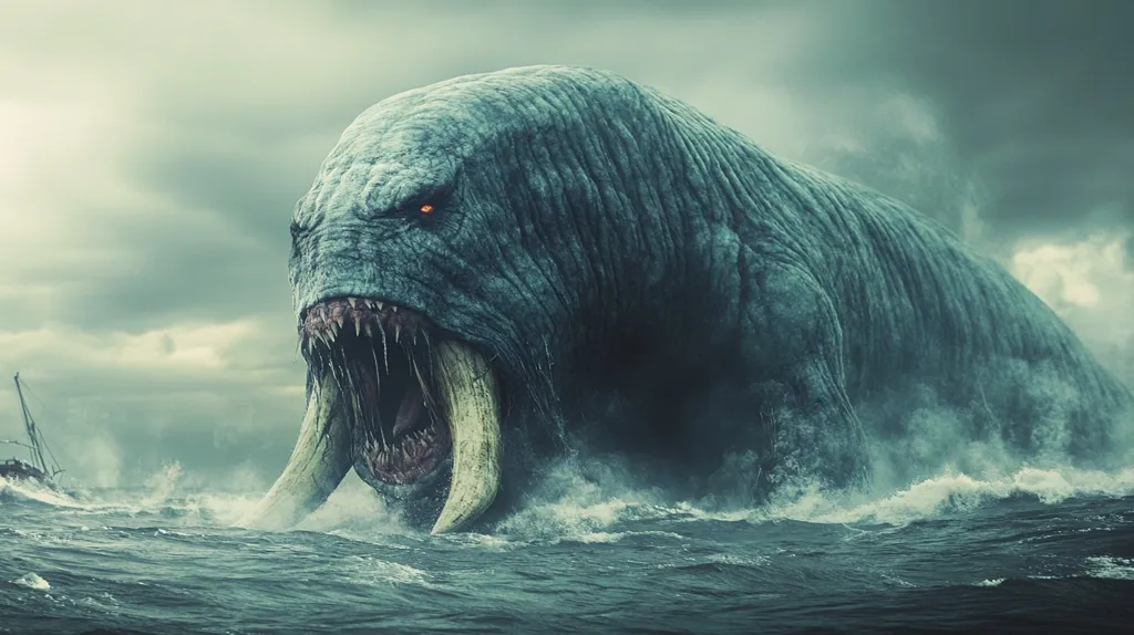 A monstrous, grey, sea creature with sharp teeth and glowing red eyes emerges from the stormy sea. Its large, gnarled form fills the foreground, while a small ship struggles against the waves in the distance. The creature's menacing presence and powerful size create an aura of fear and danger.