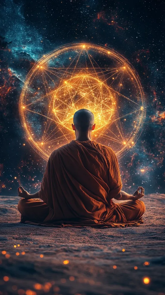 A lone figure, dressed in an orange robe, sits in meditation beneath a large, glowing, geometric symbol. The symbol floats in a starry night sky, resembling a celestial mandala. The figure's serene posture and the radiating light of the symbol suggest a profound connection to the cosmos. The background is a vast expanse of twinkling stars and a swirling nebula, evoking a sense of mystery and wonder. The image captures a moment of deep contemplation and spiritual connection.