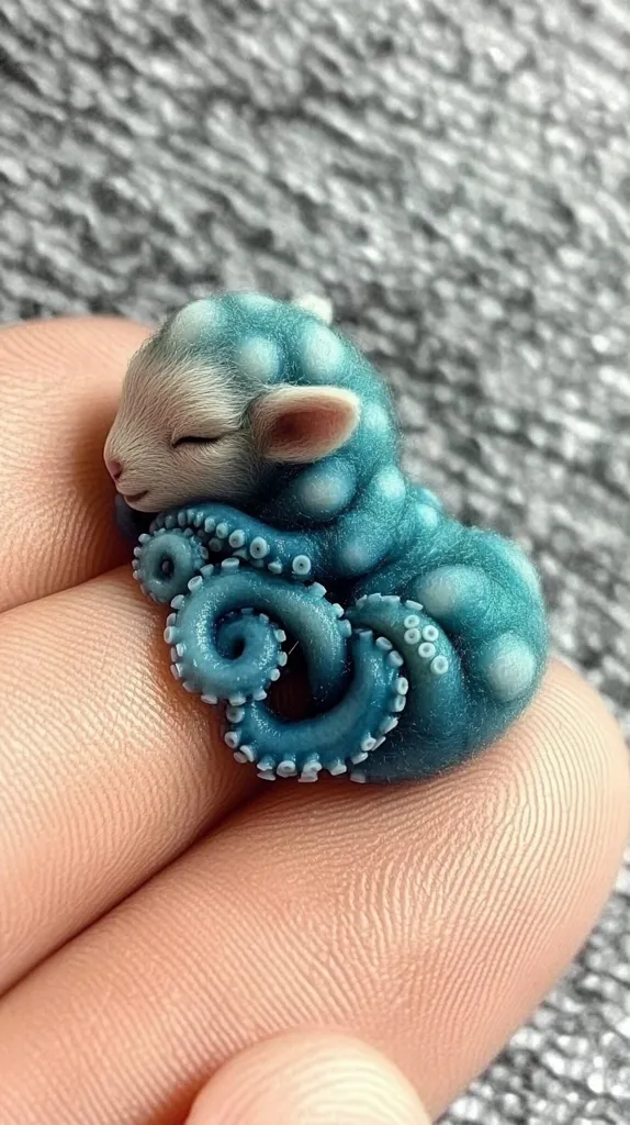 A small, white lamb with closed eyes is curled up in a blue octopus-like creature with tentacles. The lamb and the octopus are both made of a soft, textured material, possibly clay or fabric. The creature is resting on a person's fingers, and the background is a fuzzy, gray surface. The image appears to be a close-up shot, emphasizing the details of the creature.  The overall impression is one of whimsy and cuteness.