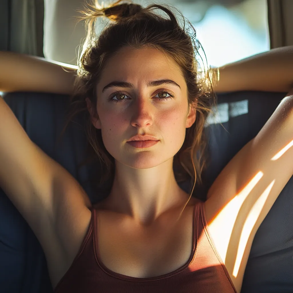 A young woman with long brown hair and light skin sits in a dark car.  She has her arms raised above her head, her hands resting on the headrest behind her.  The light from the window casts a warm glow on her face and arms. She is looking directly at the camera, her expression is thoughtful and serious.  The picture is simple but beautiful and captures a moment of peace and reflection.