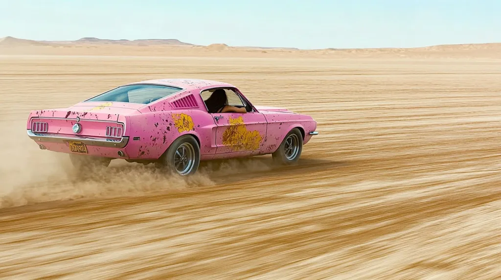 A bright pink Ford Mustang, adorned with yellow floral patterns and splatters of mud, speeds across a vast, sun-baked desert landscape. The car kicks up a cloud of dust as it races toward the horizon, leaving a trail of tire tracks behind it. The scene captures the exhilarating thrill of a desert drive in a classic American muscle car.