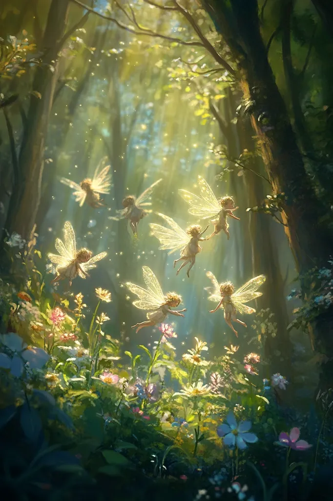 The image depicts a magical forest scene with seven fairies flying amongst the trees and wildflowers. The light filters through the leaves, illuminating the fairies and flowers. The scene is filled with a sense of wonder and enchantment. The fairies have delicate wings and are dressed in shimmering gowns, while the wildflowers are bright and colorful. The forest is lush and green, with tall trees and a vibrant undergrowth. The image evokes a feeling of peace and tranquility.
