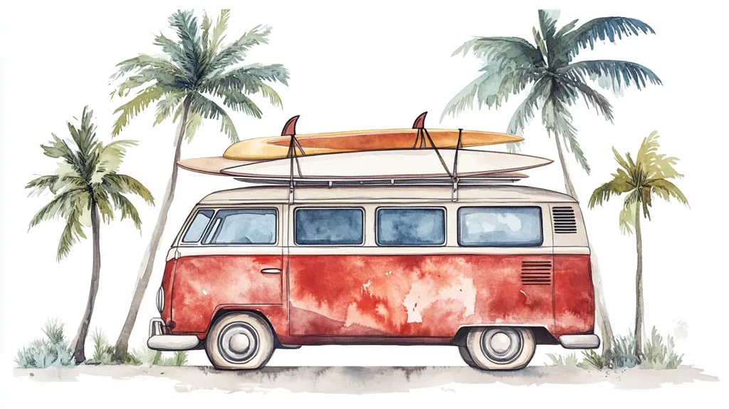 A watercolor painting depicts a red vintage van parked beneath two palm trees. The van has two surfboards strapped to its roof, suggesting a beach trip. The vibrant colors and loose brushstrokes create a sense of carefree summer vibes. The overall composition is light and airy, capturing the essence of a carefree holiday.