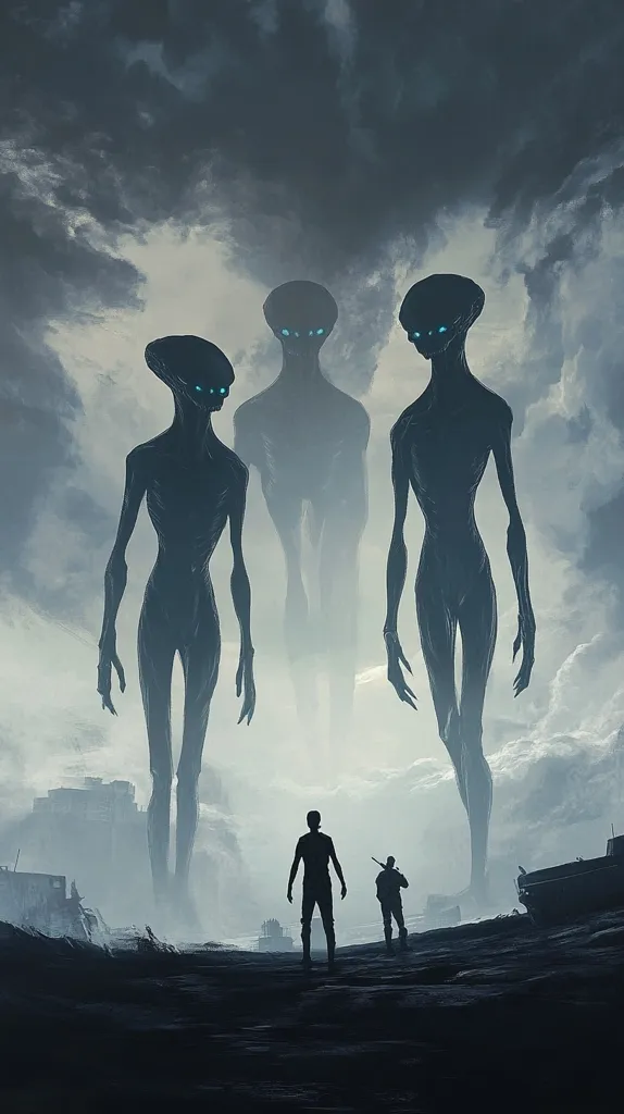 Three tall, humanoid figures with glowing blue eyes stand against a cloudy sky. They appear to be aliens, with elongated limbs and a vaguely humanoid shape.  Two human figures stand in the foreground, looking up at the aliens, appearing dwarfed by their size.  The scene is dark and mysterious, hinting at an encounter between humanity and extraterrestrial life.